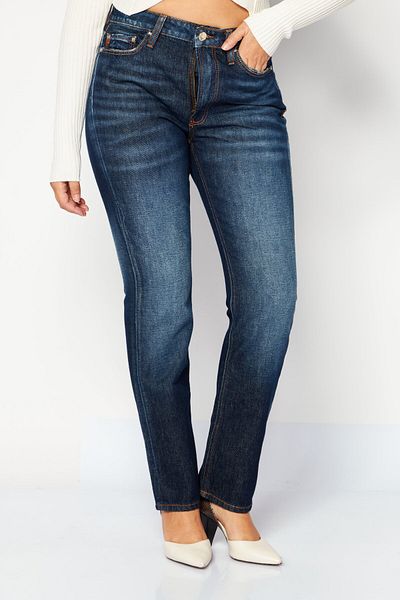 Guess Women Straight Fit High Waist Washed Non-stretchable Denim, Dark Blue