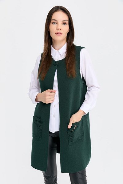 Desen Triko Women's Crew Neck Open Front Long Wool Vest Green