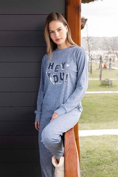 Aydoğan 12004 Kadın Ribana Uzun Kol Pijama Takımı Mavi