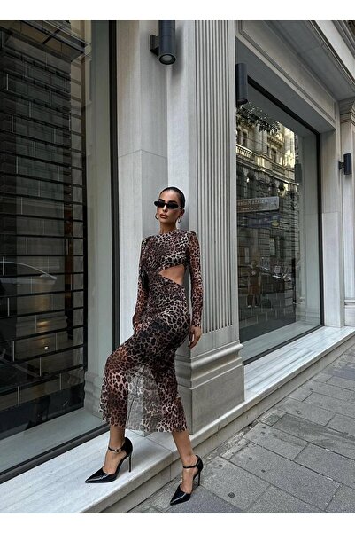 Serica Moda Bel Detaylı Leopar Desenli Midi Elbise