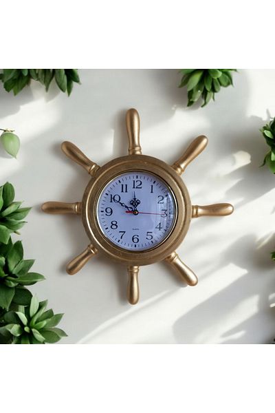 Bahat Gold Gold Leaf Wooden Sailor Helm Wall Living Room Office Clock Diameter 38 cm
