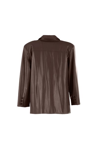 Pilea Timeless Design Stitching Detailed Brown Leather Blazer Jacket My