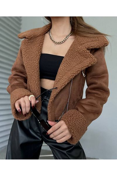 MAS BUTİK Women's Winter Teddy Detailed Short Suede Coat