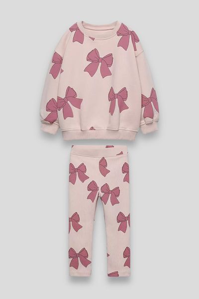 Magu Girl's Ribbon Patterned Winter 3 Thread Cotton Sweatshirt Tights Top and Bottom Set