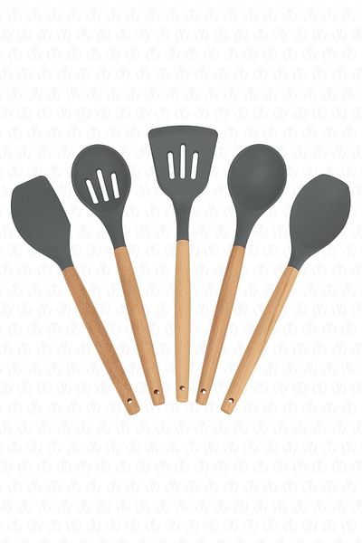 valletta Lingo Bamboo 5 Pieces Gray Silicone Kitchen Cooking Utensils Set