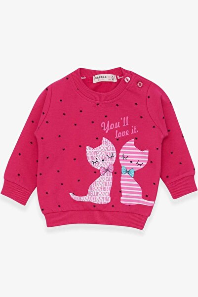 Breeze Kız Bebek Sweatshirt Mutlu Kedicikler 4 Ay-1.5 Yaş, Fuşya