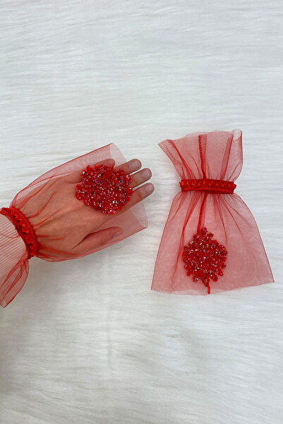 ZEYMERADE Kırmızı Kristal Cam Boncuk Gelin Eldiveni, Düğün Kına Gecesi Bekarl...