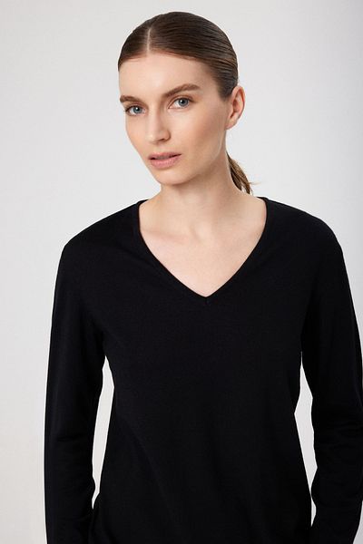 Mısırlı Pulover de damă cu mânecă lungă cu decolteu în V negru