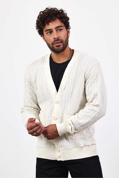 MADZEYMODA Ανδρικές πλεκτές τσέπες με κουμπιά πλεκτή ζακέτα εκρού Mz89916