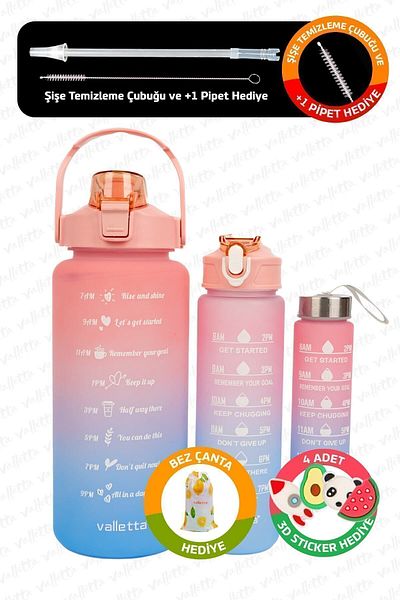 valletta Eldorado Set of 3 BPA Free Motivational Water Bottle Pink-Blue Water Bottle, Water Bottle