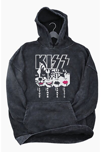 Fuddy Moda Hanorac oversize unisex cu imprimeu Kiss - cu glugă și lavabil, ha...