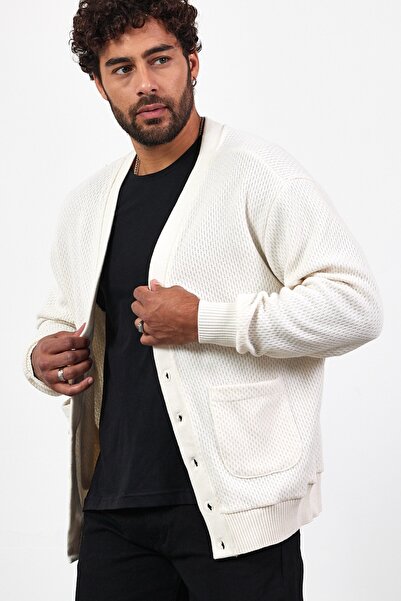 MADZEYMODA Новий сезон Чоловічий кардиган з кишенями та ґудзиками, екрю, трикотаж, Mz89918