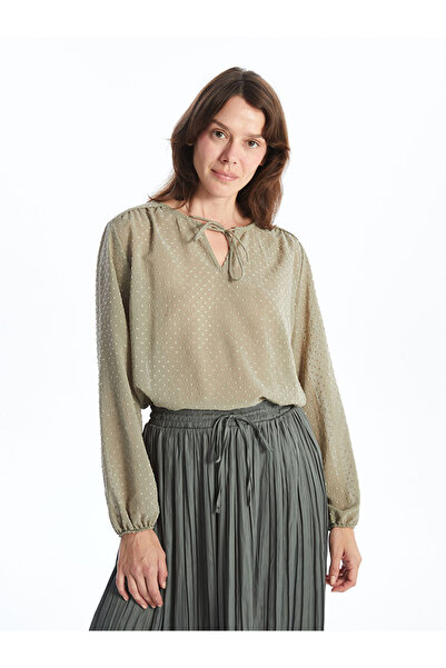 LC Waikiki Khaki Tie Neck Textured Women's Blouse