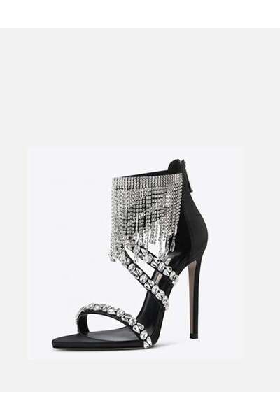 Giydim Gidiyor Fiv Kristal Taşlı Topuklu Ayakkabı Siyah