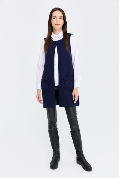 Desen Triko Women's Crew Neck Open Front Long Wool Vest Y.A Navy Blue