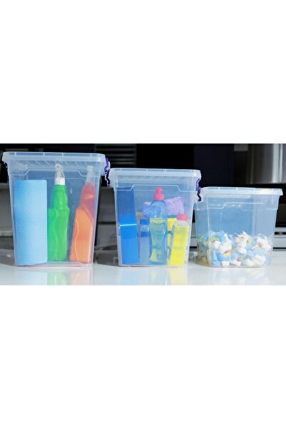 biedda 3 lü (15-11-7,7 ) litre Plastik Kilitli Kapaklı Dikey Derin Saklama Düzenleme Depolama Deterjan Kutu