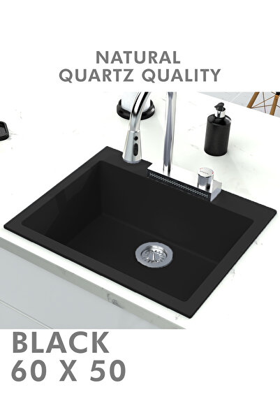 HENASURFACE Granit Eviye 1 Gözlü Siyah 60x50 Granit Evye Kuvars