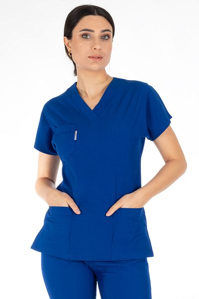 Alsancak Üniforma Saks Blue Lycra Fine Fabric Scrubs Doctor Nurse Jersey Costum de chirurgie cu mâneci liliac