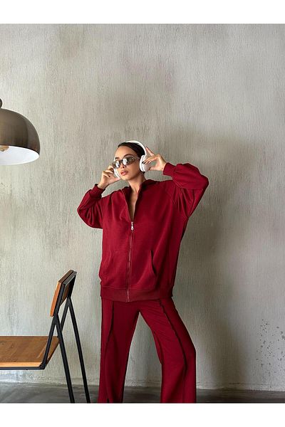 minaaise Hanorac oversize unisex cu glugă roșu Claret - cu fermoar, fără șardon 28178