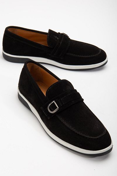 Dilimler Ayakkabı Black Men's Casual Shoes - Genuine Leather, Suede Buckle, Double Color Sole