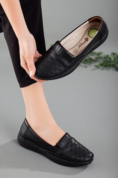 Dilimler Ayakkabı Genuine Leather Embroidery Detailed Black Large Size Women's Shoes Daily
