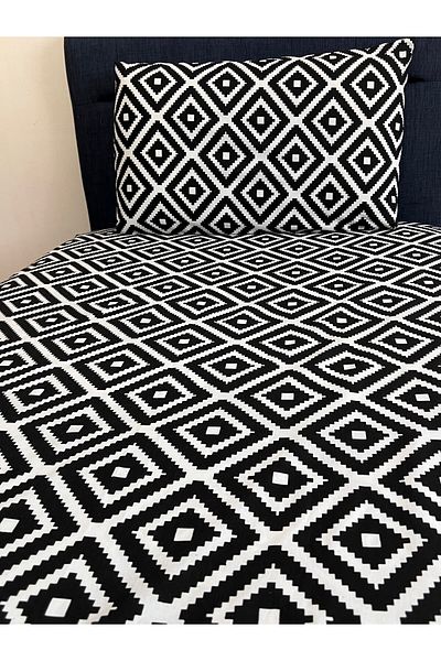 Touch Fitted Elastic Sheet Set (Pillowed) Single Double Black White Geometric Pattern
