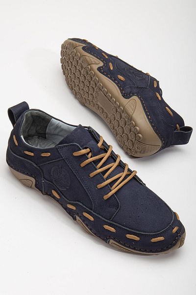 Dilimler Ayakkabı Genuine Leather Nubuck Saddled Tied Navy Blue Men's Casual Shoes