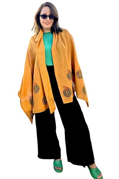 leillART Cotton Orange Peacock Patterned Shawl Scarf