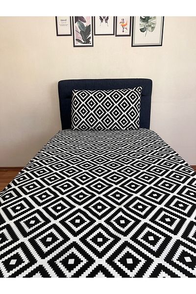 Touch Fitted Elastic Sheet Set (Pillowed) Single Double Black White Geometric Pattern