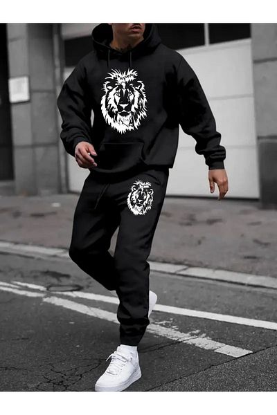 WOODROFFE Σετ αθλητική φόρμα με κουκούλα Lion Printed Black Grey - Oversize Boyfirend