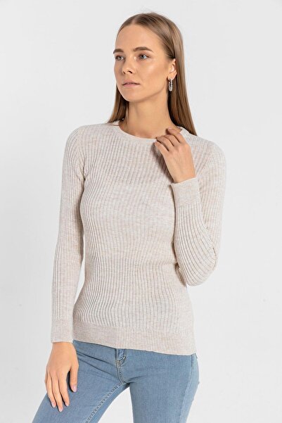 Miss Poem Crew Neck Ribbed Women's Basic Knitwear Sweater