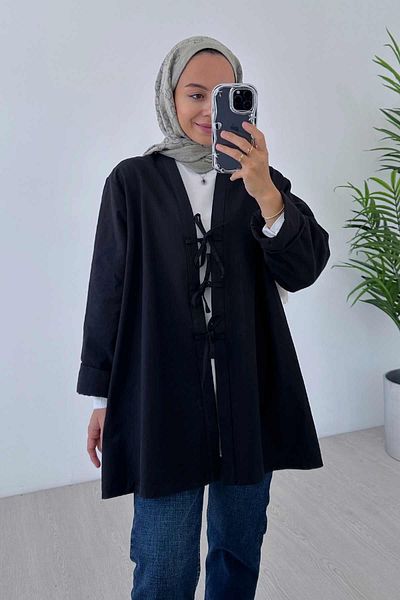 Ka Hijab كيمونو جبردين برباط أمامي - أسود
