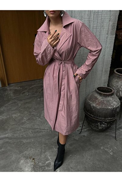 minaaise Kadın Gül Paraşüt Kumaş Astarsız Uzun Trençkot 28176