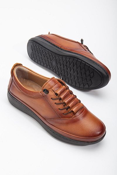 Dilimler Ayakkabı Genuine Leather Elastic Laced Tan Women's Orthopedic Casual Shoes