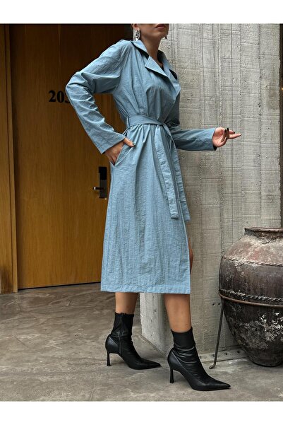 minaaise Kadın Mint Paraşüt Kumaş Astarsız Uzun Trençkot 28176