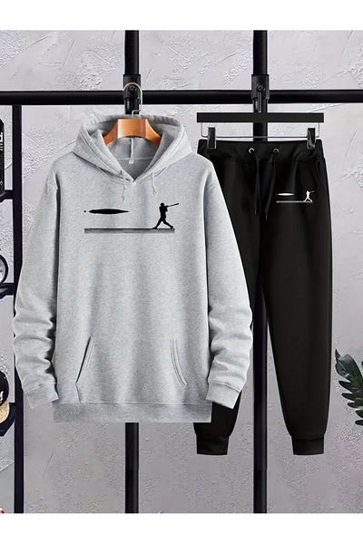 WOODROFFE Golf Printed Black Gray Hooded Tracksuit Set - Oversize Boyfirend