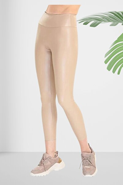 d Kit Boutique Beige High Waist Leather Leggings with Fleece Inside