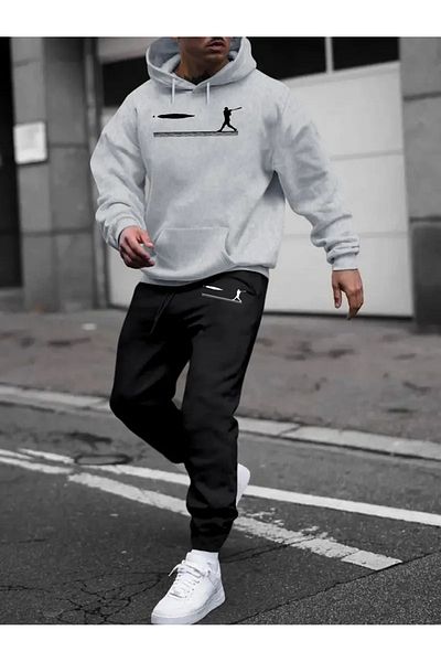 WOODROFFE Golf Printed Black Gray Hooded Tracksuit Set - Oversize Boyfirend