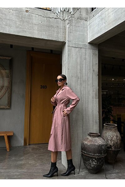 minaaise Kadın Gül Paraşüt Kumaş Astarsız Uzun Trençkot 28176