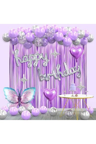 DÜVENCİ TİCARET Lila Silver Balloon Chain Set with Butterfly Foil