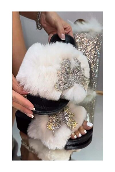 Giydim Gidiyor Butterfly Gümüş Kelebekli Pofidik Terlik Beyaz