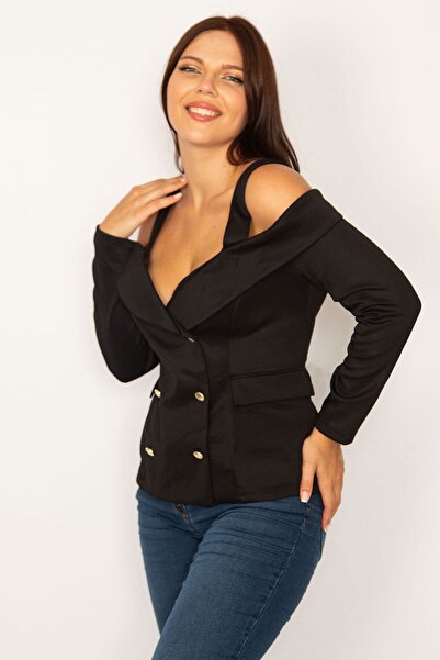 Şans Women's Large Size Black Scuba Fabric Strappy Blouse with Front Ornament Buttons and Pocket Cover 65n34186