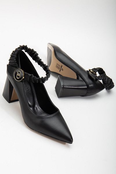 Dilimler Ayakkabı Black Faux Leather Stiletto - Thick Heeled Women's Shoes with Ankle Elastic Band