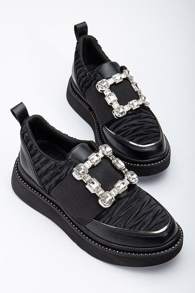 Dilimler Ayakkabı Satin Thick Jewelled Skin Black Women's Thick Sole Daily Casual Shoes