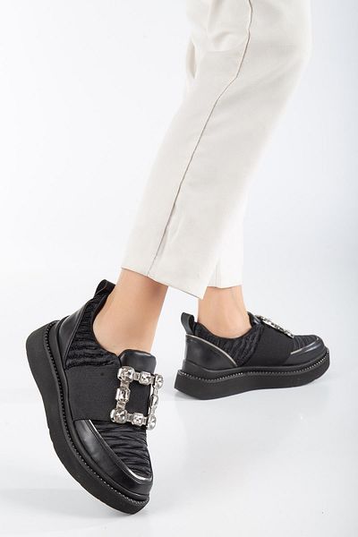 Dilimler Ayakkabı Satin Thick Jewelled Skin Black Women's Thick Sole Daily Casual Shoes
