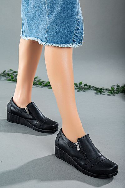 Dilimler Ayakkabı Zippered Skin Black Women's Daily Wedge Sole Shoes
