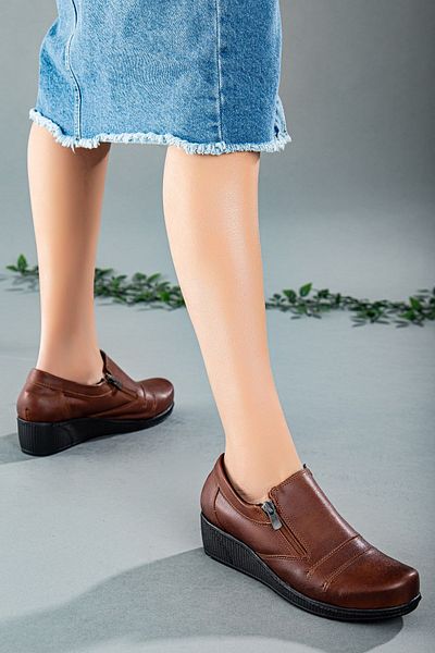 Dilimler Ayakkabı Zippered Skin Tan Women's Daily Wedge Sole Shoes
