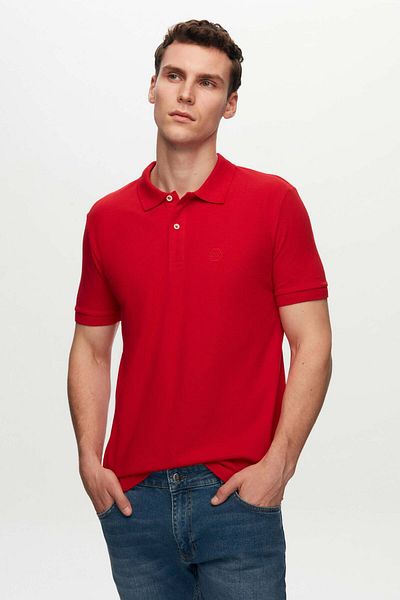 D'S Damat Regular Fit Red Pique Textured 100% Cotton Non-Curling Polo Neck Embroidered T-Shirt
