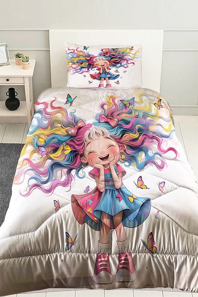 Else Dekor Cute Colorful Girl Patterned Children's Single Quilted Quilt Pillow with Case