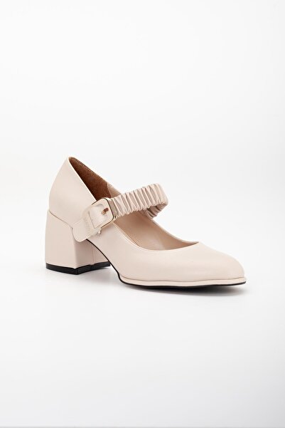 Dilimler Ayakkabı Beige Women's Thick Heeled Casual Shoes - Large Size, Elastic Band and Thin Platform Sole